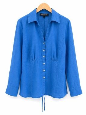 JONES NEW YORK linen blouse blue button front summer top